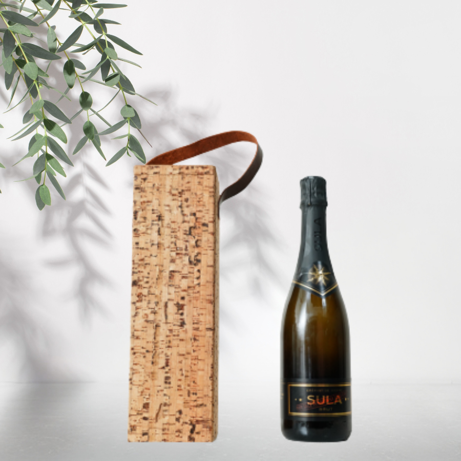 Eco-friendly cork wine bottle gift holder with leather strap, sustainable wine gift