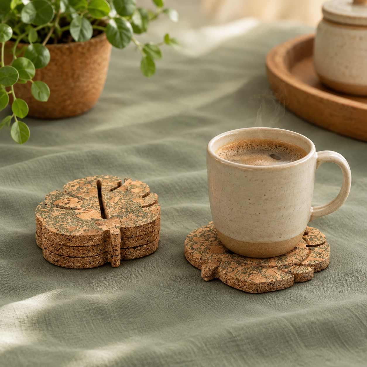 A cup of coffee resting on a Bhaav cork coaster, an everyday sustainable choice